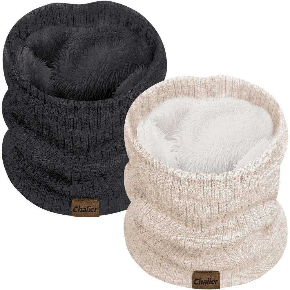 Women's (grey+ Beige) Scarf Winter Double-Layer Neck Warmer Knit Fleece 2Pack